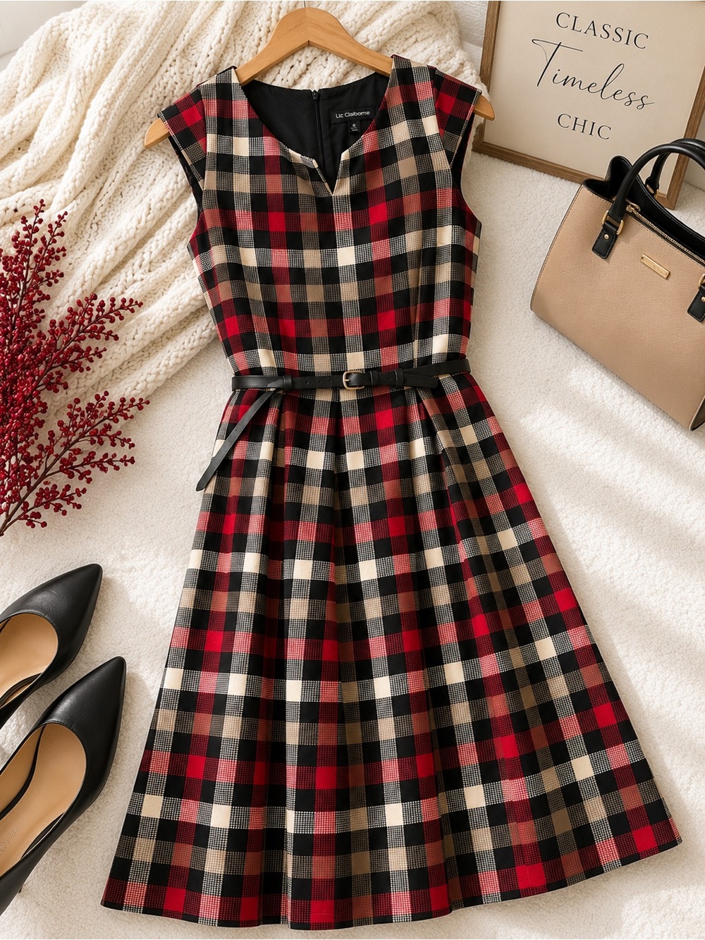 Liz Claiborne Plaid Midi A-Line Belted Sleeveless Dress Size 8 NWOT
